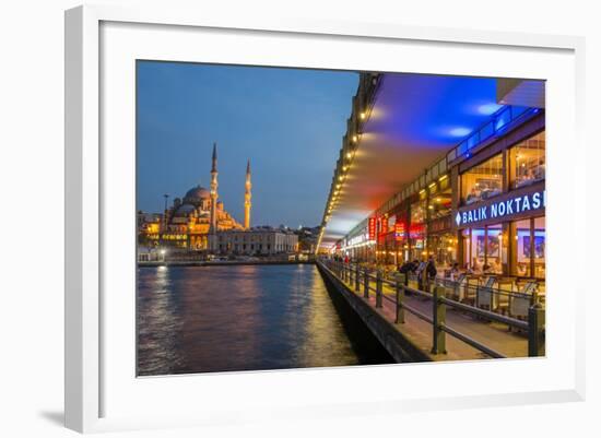Outdoor Restaurants under Galata Bridge with Yeni Cami or New Mosque at Dusk, Istanbul-Stefano Politi Markovina-Framed Photographic Print