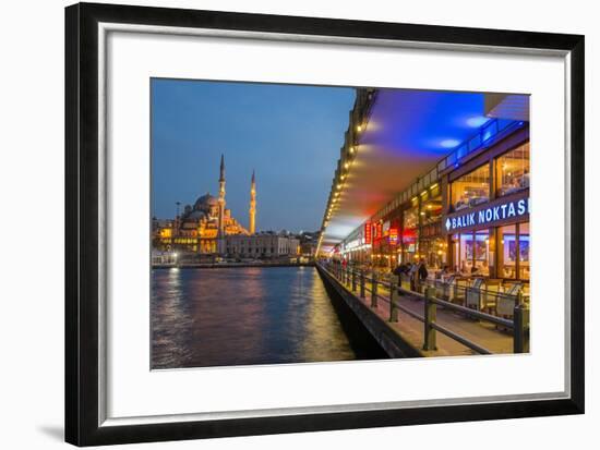 Outdoor Restaurants under Galata Bridge with Yeni Cami or New Mosque at Dusk, Istanbul-Stefano Politi Markovina-Framed Photographic Print