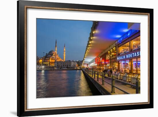 Outdoor Restaurants under Galata Bridge with Yeni Cami or New Mosque at Dusk, Istanbul-Stefano Politi Markovina-Framed Photographic Print