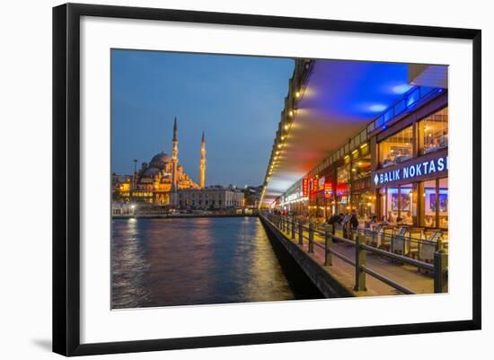 Outdoor Restaurants under Galata Bridge with Yeni Cami or New Mosque at Dusk, Istanbul-Stefano Politi Markovina-Framed Photographic Print