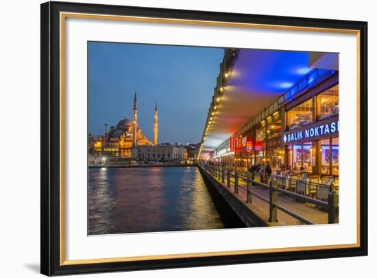 Outdoor Restaurants under Galata Bridge with Yeni Cami or New Mosque at Dusk, Istanbul-Stefano Politi Markovina-Framed Photographic Print