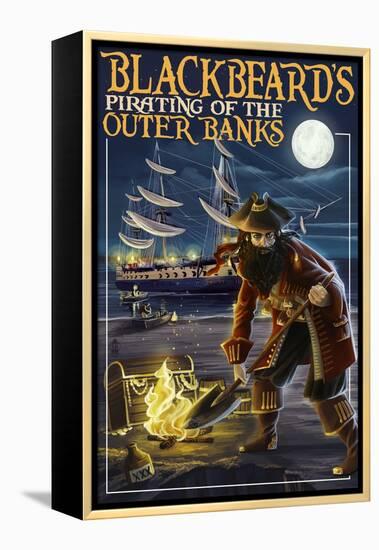 Outer Banks, North Carolina - Blackbeard Pirate and Queen Anne's Revenge-Lantern Press-Framed Stretched Canvas