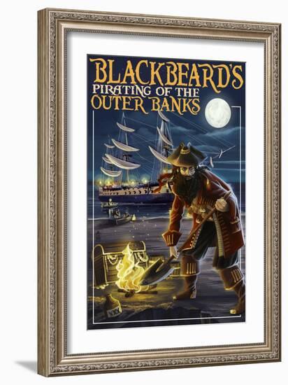 Outer Banks, North Carolina - Blackbeard Pirate and Queen Anne's Revenge-Lantern Press-Framed Art Print