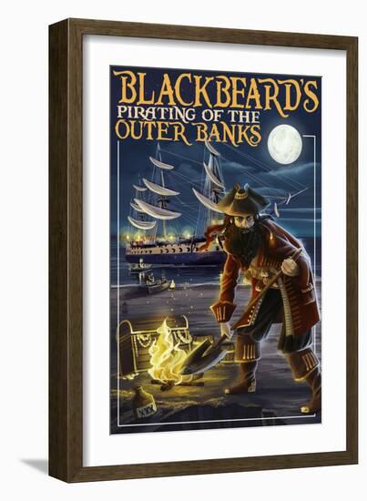 Outer Banks, North Carolina - Blackbeard Pirate and Queen Anne's Revenge-Lantern Press-Framed Art Print