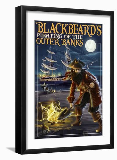 Outer Banks, North Carolina - Blackbeard Pirate and Queen Anne's Revenge-Lantern Press-Framed Art Print