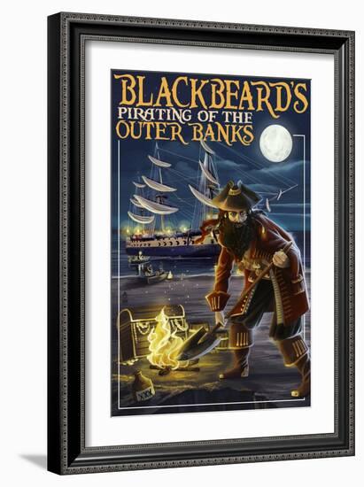 Outer Banks, North Carolina - Blackbeard Pirate and Queen Anne's Revenge-Lantern Press-Framed Art Print