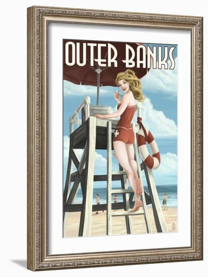 Outer Banks, North Carolina - Lifeguard Pinup Girl-Lantern Press-Framed Art Print