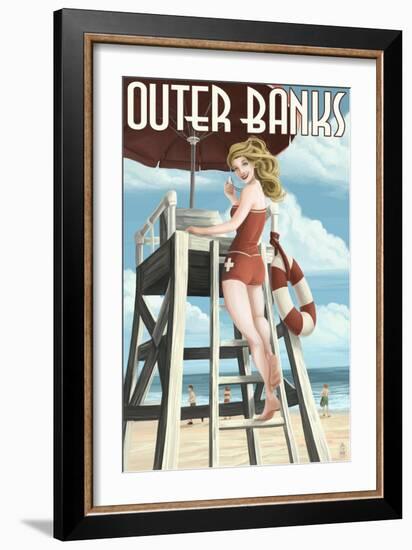 Outer Banks, North Carolina - Lifeguard Pinup Girl-Lantern Press-Framed Art Print