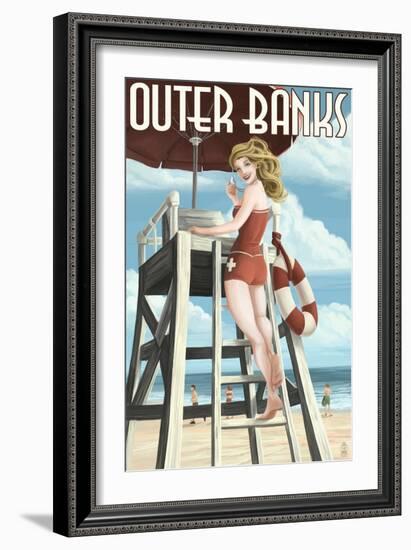 Outer Banks, North Carolina - Lifeguard Pinup Girl-Lantern Press-Framed Art Print