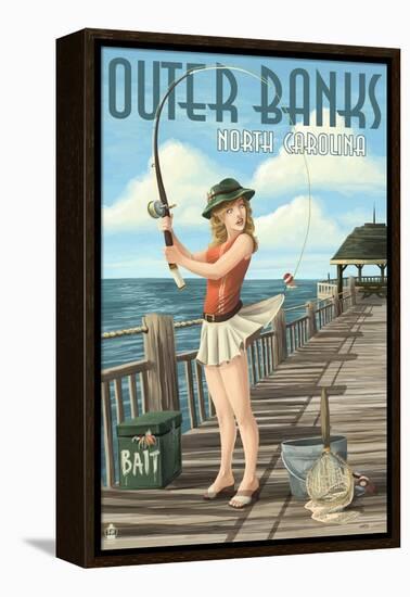 Outer Banks, North Carolina - Pinup Girl Fishing-Lantern Press-Framed Stretched Canvas