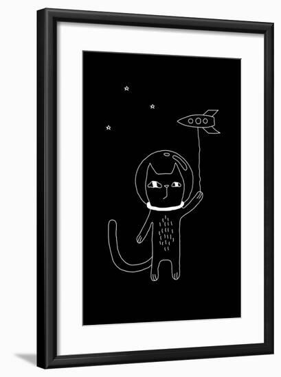 Outline Cartoon Cat Illustration with Space Cat and a Rocket. Cute Vector Black and White Cat Illus-Ekaterina Zimodro-Framed Art Print