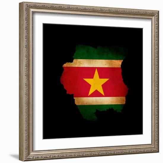 Outline Map Of Suriname With Grunge Flag Insert Isolated On Black-Veneratio-Framed Art Print