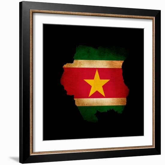 Outline Map Of Suriname With Grunge Flag Insert Isolated On Black-Veneratio-Framed Art Print