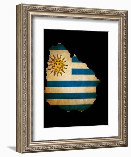 Outline Map Of Uruguay With Grunge Flag Insert Isolated On Black-Veneratio-Framed Art Print