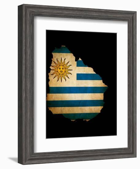 Outline Map Of Uruguay With Grunge Flag Insert Isolated On Black-Veneratio-Framed Art Print