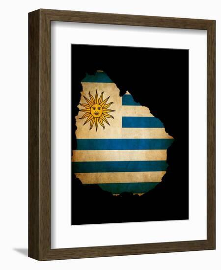 Outline Map Of Uruguay With Grunge Flag Insert Isolated On Black-Veneratio-Framed Art Print