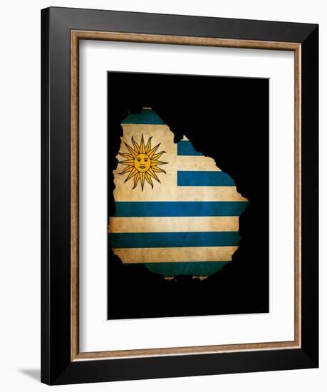 Outline Map Of Uruguay With Grunge Flag Insert Isolated On Black-Veneratio-Framed Art Print