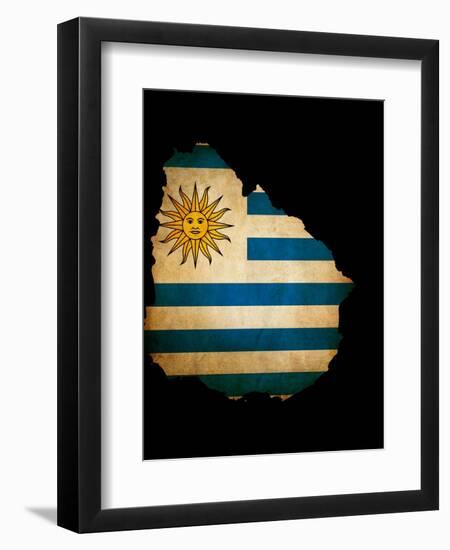 Outline Map Of Uruguay With Grunge Flag Insert Isolated On Black-Veneratio-Framed Art Print