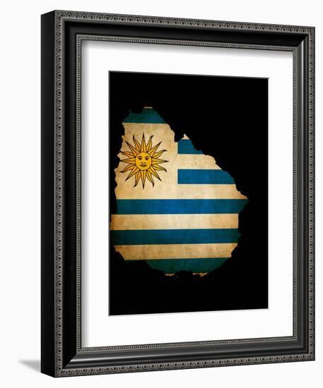 Outline Map Of Uruguay With Grunge Flag Insert Isolated On Black-Veneratio-Framed Art Print