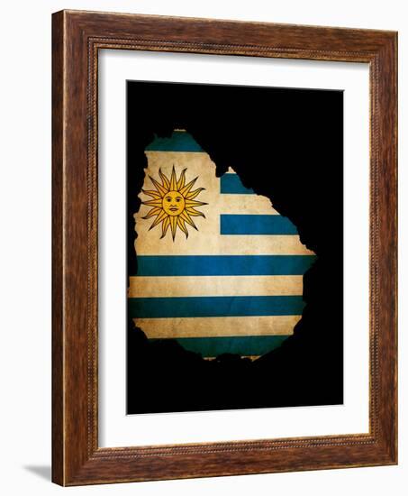 Outline Map Of Uruguay With Grunge Flag Insert Isolated On Black-Veneratio-Framed Art Print