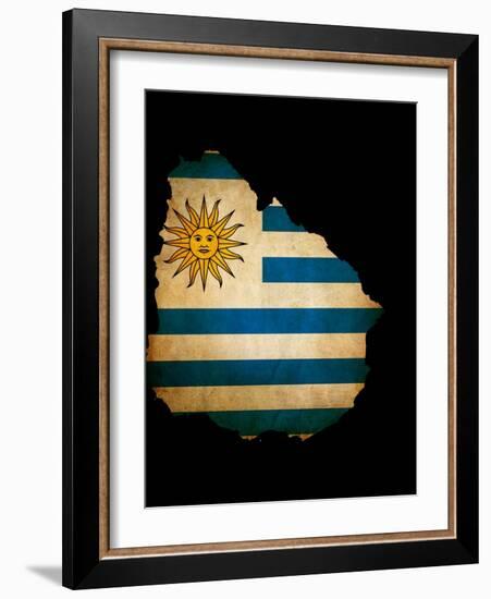 Outline Map Of Uruguay With Grunge Flag Insert Isolated On Black-Veneratio-Framed Art Print