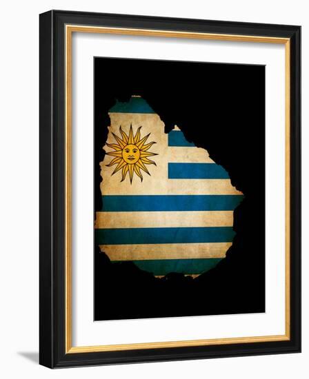 Outline Map Of Uruguay With Grunge Flag Insert Isolated On Black-Veneratio-Framed Art Print