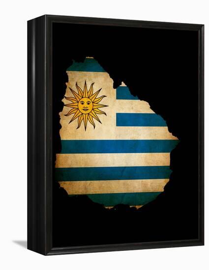 Outline Map Of Uruguay With Grunge Flag Insert Isolated On Black-Veneratio-Framed Stretched Canvas