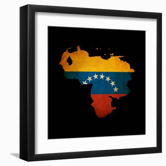 Outline Map Of Venezuela With Grunge Flag Insert Isolated On Black-Veneratio-Framed Art Print