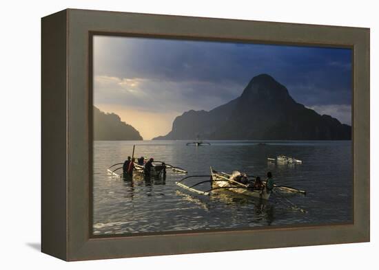 Outrigger Boat at Sunset in the Bay of El Nido, Bacuit Archipelago, Palawan, Philippines-Michael Runkel-Framed Premier Image Canvas