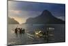 Outrigger Boat at Sunset in the Bay of El Nido, Bacuit Archipelago, Palawan, Philippines-Michael Runkel-Mounted Photographic Print