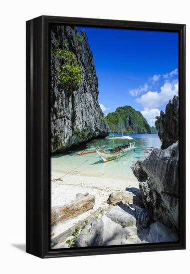 Outrigger Boat on a Little White Beach and Crystal Clear Water in the Bacuit Archipelago-Michael Runkel-Framed Premier Image Canvas