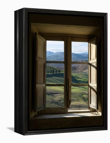 Outside View of Cypress Trees and Green Hills Through a Shabby Windows-ollirg-Framed Premier Image Canvas