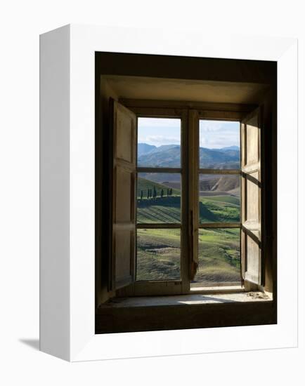 Outside View of Cypress Trees and Green Hills Through a Shabby Windows-ollirg-Framed Premier Image Canvas