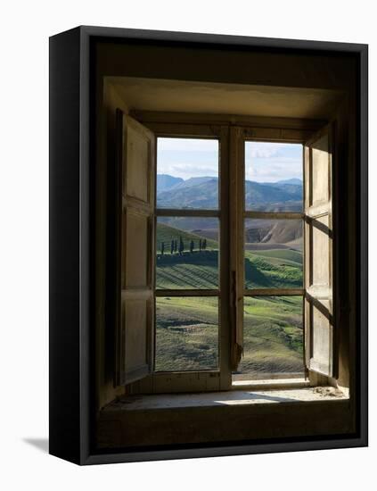 Outside View of Cypress Trees and Green Hills Through a Shabby Windows-ollirg-Framed Premier Image Canvas