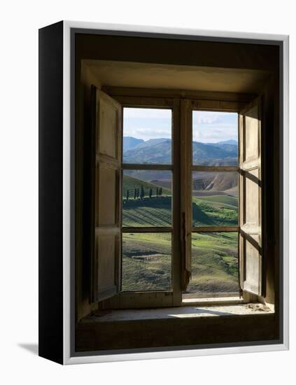 Outside View of Cypress Trees and Green Hills Through a Shabby Windows-ollirg-Framed Premier Image Canvas