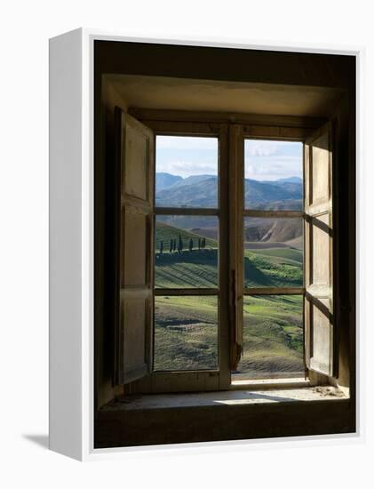 Outside View of Cypress Trees and Green Hills Through a Shabby Windows-ollirg-Framed Premier Image Canvas