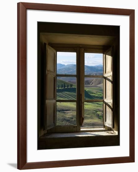 Outside View of Cypress Trees and Green Hills Through a Shabby Windows-ollirg-Framed Photographic Print