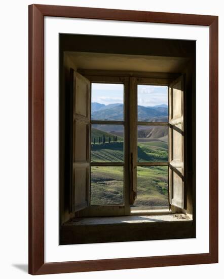 Outside View of Cypress Trees and Green Hills Through a Shabby Windows-ollirg-Framed Photographic Print