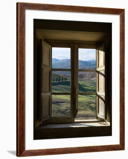 Outside View of Cypress Trees and Green Hills Through a Shabby Windows-ollirg-Framed Photographic Print