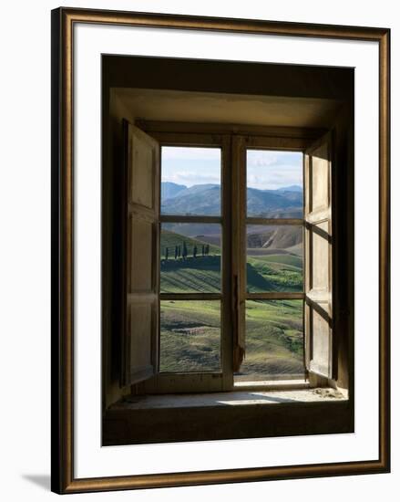 Outside View of Cypress Trees and Green Hills Through a Shabby Windows-ollirg-Framed Photographic Print