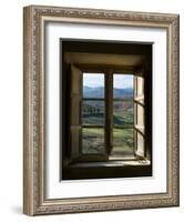 Outside View of Cypress Trees and Green Hills Through a Shabby Windows-ollirg-Framed Photographic Print