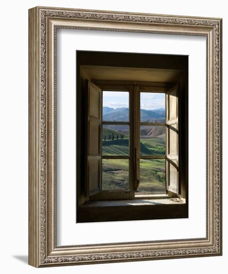 Outside View of Cypress Trees and Green Hills Through a Shabby Windows-ollirg-Framed Photographic Print