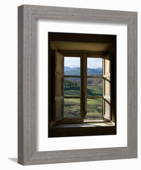 Outside View of Cypress Trees and Green Hills Through a Shabby Windows-ollirg-Framed Photographic Print