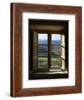 Outside View of Cypress Trees and Green Hills Through a Shabby Windows-ollirg-Framed Photographic Print