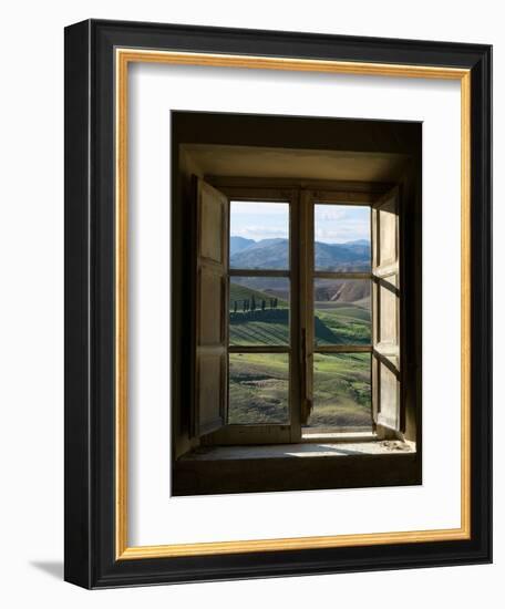 Outside View of Cypress Trees and Green Hills Through a Shabby Windows-ollirg-Framed Photographic Print