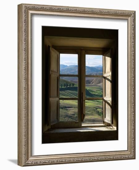 Outside View of Cypress Trees and Green Hills Through a Shabby Windows-ollirg-Framed Photographic Print