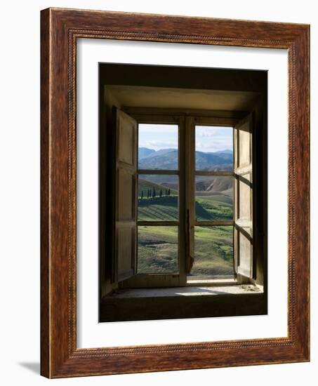 Outside View of Cypress Trees and Green Hills Through a Shabby Windows-ollirg-Framed Photographic Print