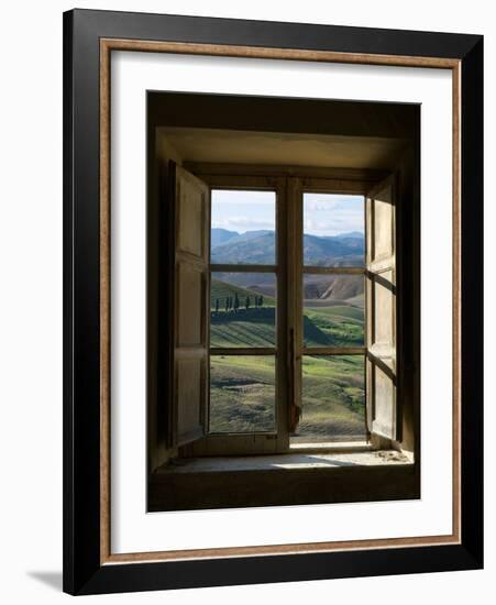 Outside View of Cypress Trees and Green Hills Through a Shabby Windows-ollirg-Framed Photographic Print