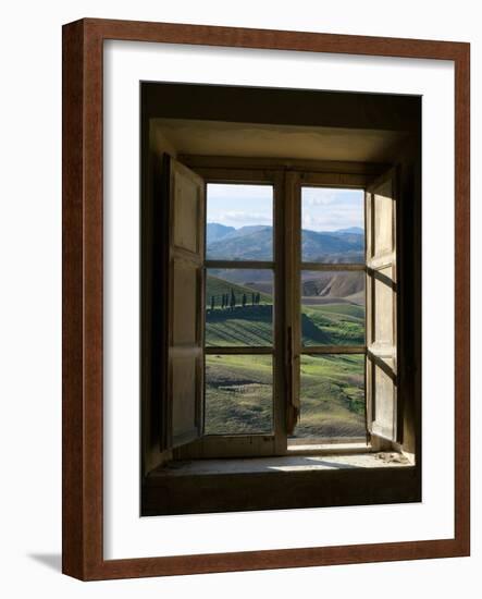 Outside View of Cypress Trees and Green Hills Through a Shabby Windows-ollirg-Framed Photographic Print