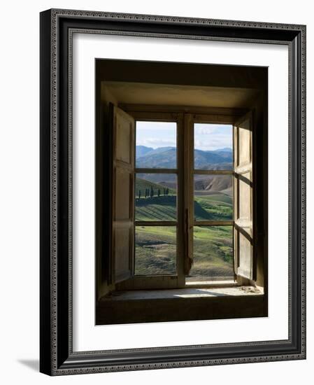 Outside View of Cypress Trees and Green Hills Through a Shabby Windows-ollirg-Framed Photographic Print